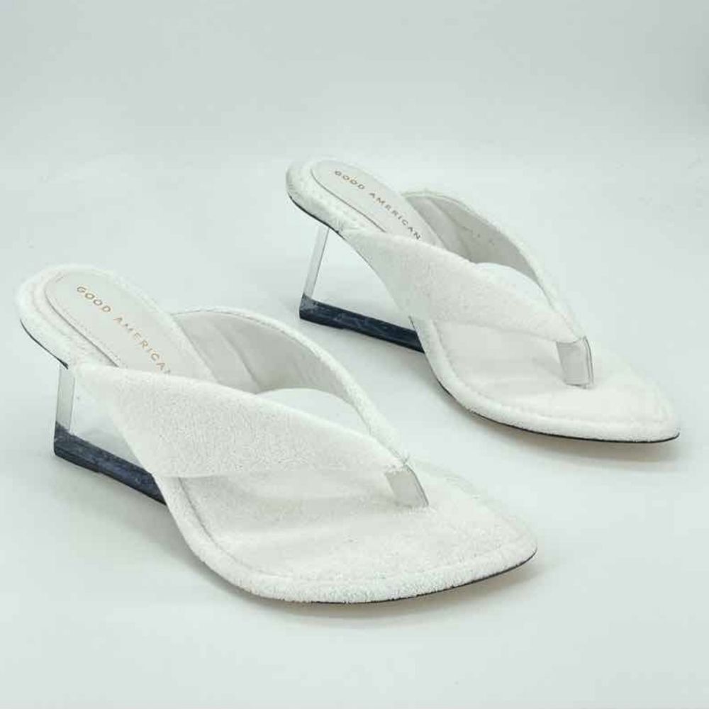 NEW Good American White Terry Cloth Clear Wedge Heel Sandals 8.5